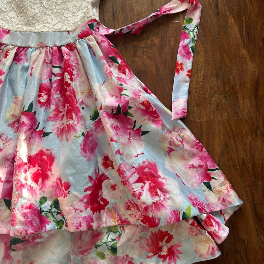 White Lace Top Floral High-Low Dress with Pink Rose Print  Special Occasions - Picture 3 of 8